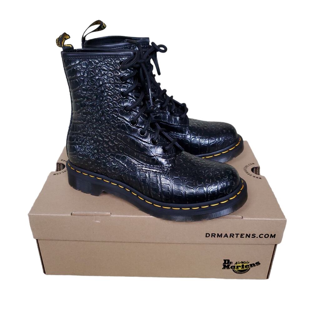 Dr. Martens 1460 Wild Croc Embossed Boots Gunmetal Leather Black Silver Size 7